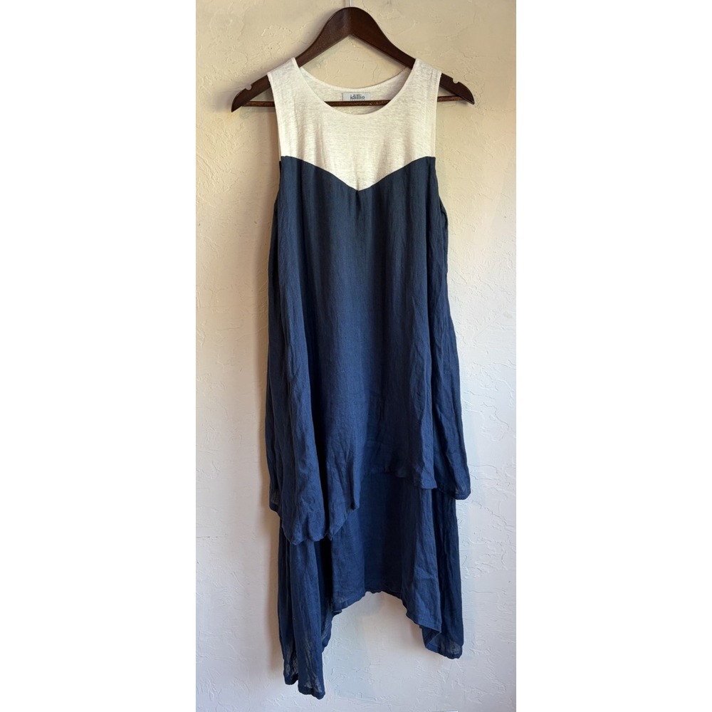 Idillio Positano 100% Linen Asymmetrical Midi Dress M Layered Lagenlook Italy